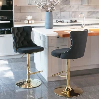 Set of 2 Adjustable Velvet Bar Stools, 360° Swivel, Gold Electroplated Legs, 62-82 cm Height, 45x45 cm Base, 136 kg Load Capacity, Black(m-4)