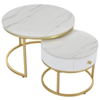 Ensemble de 2 Tables Basses Gigognes Modernes avec Effet Marbre Brillant, Structure en Métal, 70x70x48 cm et 50x50x43,5 cm, Blanc(m-2)