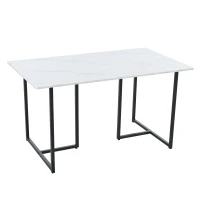 Modern Oblong Dining Room Table with L-Shaped Support Legs, Marble Top Extendable Table with Metal Frame, 140x80x75 cm, White+Black(m-2)