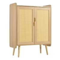Sideboard Kommode mit Rattan-Türen, verstellbaren Regalböden und Massivholzfüßen - Schuhschrank mit Metallgriffen und Kippsicherung, Natur(m-2)
