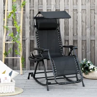 Outsunny Garden Rocking Chair Folding Recliner Outdoor Adjustable Sun Lounger Rocker Zero-Gravity Seat with Headrest Side Holder Patio Deck - Black(m-10)