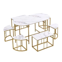 Modern Luxury Rattan 6 Seater Dining Table Set with Six Chairs, MDF Seat Cushions and Gold-Plated Iron Frames, Gold(m-2)