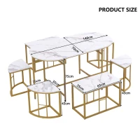 Modern Luxury Rattan 6 Seater Dining Table Set with Six Chairs, MDF Seat Cushions and Gold-Plated Iron Frames, Gold(m-3)