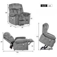 Chaise longue de massage électrique, chauffante, relevable, velours, avec télécommande et 2 porte-gobelets, capacité de charge 150 kg, Gris(m-3)