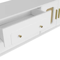 Meuble TV rétro avec poignées dorées, portes en rotin et pieds en métal, grand espace de rangement, 175x38x55,5 cm, Blanc(m-8)