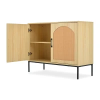 Rattan Aufbewahrungsschrank mit Metallgriffen und verstellbaren Regalböden, stilvoller Wohnzimmerschrank mit natürlichem Design und stabilen Metallbeinen, Helles Eichenholz(m-5)