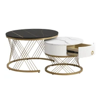 Lot de 2 tables basses gigognes modernes modulables en marbre synthétique avec tiroirs, 70x70x45 cm et 50x50x40 cm, Noir(m-6)