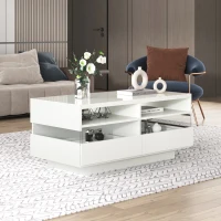 Hochglanz Couchtisch mit LED-Beleuchtung, zwei Ablagefächern und Schubladen, modernes Design, Weiß(m-1)