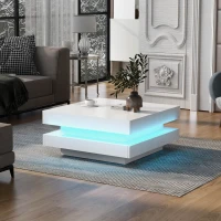 Table basse moderne relevable avec éclairage LED à 16 couleurs, 70x70x36 cm, capacité maximale 30 kg, Blanc(m-1)