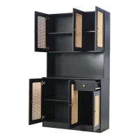 Armoire haute en rotin avec 6 portes et tiroir central ouvrant, adaptée pour séjour et entrée, 100x24-38x180 cm - meuble de rangement moderne, Noir(m-7)