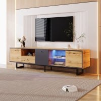 Lowboard TV-meubel met LED-verlichting en glazen tussenwanden, 3 deuren, 3 vakken en 1 lade voor veel opbergruimte, gedempte scharnieren en industrieel design met ijzeren poten, spaanplaat, draagvermogen 50 kg, 190X40X50 cm, houtkleur