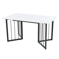 Kitchen Table in Oblong Shape with V-shaped Support Legs, Extendable Table with Marble Top, Metal Frame, 140x80x75 cm, White+Black(m-8)