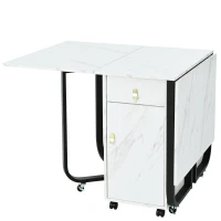 Folding Dinning Table with Goldplated Handles, 3 Extensive Modes for Learning&Dinning, Metal Frame - White/Black(m-14)