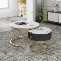 Lot de 2 tables basses gigognes modulables en marbre synthétique avec tiroirs, 70x70x45 cm et 50x50x40 cm, Blanc(m-4)