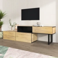 Meuble TV modulable à longueur réglable, trois tiroirs et un grand compartiment, 120x34,5x30 cm + 120x34,5x50 cm, style scandinave, coloris Naturel(m-5)