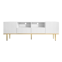 Mueble TV moderno con patas y bordes dorados, dos estantes y dos cajones, 165x36x55 cm, Blanco