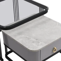 Ensemble de 2 Tables Basses Gigognes avec Plateau en Marbre Brillant et Verre, Structure en Métal et Tiroirs, 60x60x42 cm + 50x50x34 cm, Noir(m-9)