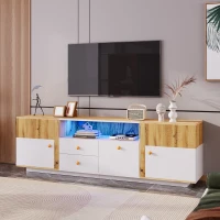 Meuble TV Bas Mobile avec Lumières LED Changeantes, Étagères en Verre et Tiroirs, 180x35x50 cm, Naturel(m-1)