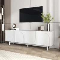 Meuble TV élégant en style luxueux avec portes structurées et étagères réglables, 175x38x56 cm, Blanc(m-6)