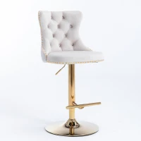 Set of 2 Adjustable Velvet Bar Stools with Backrest, Gold Electroplated Legs, 360° Rotatable, 62-82 cm Height, 45x45 cm Base, Up to 136 kg Load, Beige(m-6)