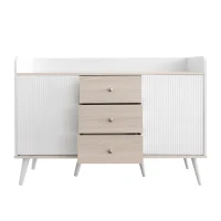 Modernes Sideboard mit Schiebetüren und Schubladen, Vielseitiger Stauraum für Wohnzimmer und Schlafzimmer, Weiß+Holzoptik(m-9)