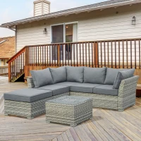 Outsunny 5-Seater Patio PE Rattan Corner Sofa Set, Outdoor Wicker Sectional Conversation Aluminum Frame Furniture Set w/ Padded Cushion, Tea Table with Ice Bucket, Light Grey(m-12)