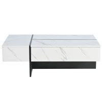 Table basse moderne relevable avec éclairage LED intégré, 16 couleurs, surface brillante effet marbre et 3 tiroirs, 105x60x35 cm, Blanc(m-6)