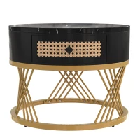 Lot de 2 tables basses gigognes rondes, plateau effet marbre et tiroirs en rotin synthétique, pieds métal, 70x70x45,5 cm + 50x50x38,5 cm, Noir(m-7)
