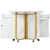Folding Extendable Dining Table with Cupboard and 2 Drawers, Space-Saving Utility Table with Castors and Adjustable Legs, White/Gold(m-11)