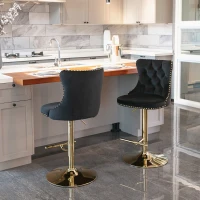 Set of 2 Adjustable Velvet Bar Stools, 360° Swivel, Gold Electroplated Legs, 62-82 cm Height, 45x45 cm Base, 136 kg Load Capacity, Black(m-5)