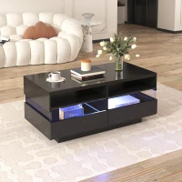 Hochglanz Couchtisch mit LED-Beleuchtung, zwei Ablagefächern und Schubladen, modernes Design, Schwarz(m-1)