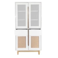 Wohnzimmer-Hochkommode mit Acrylglas-Türen und Rattanmuster, verstellbare Einlegeböden und Echtholzbeine, Natürliche farben(m-2)