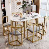 Six-Chair Dining Table Set, Modern Dining Table and Chairs with Backrests and Upholstery, Gold Iron Frame, 140x80x76 cm, Gold