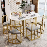 Six-Chair Dining Table Set, Modern Dining Table and Chairs with Backrests and Upholstery, Gold Iron Frame, 140x80x76 cm, Gold(m-1)