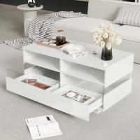 Hochglanz Couchtisch mit LED-Beleuchtung, zwei Ablagefächern und Schubladen, modernes Design, Weiß(m-6)