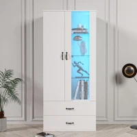 Vitrine lumineuse LED multifonctionnelle, 16 couleurs, avec 2 portes, 5 étagères en verre, interface USB, salon et bureau, 59,5x35x182 cm, Blanc(m-1)