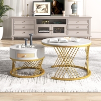 2-in-1 ronde salontafelset met marmormotief, plaatsbesparende set van 2 met kunststof-rattan lades, MDF/ijzer, 70×70×45,5 cm, 50×50×38,5 cm, wit