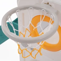 Toboggan pour enfants multifonctionnel 6 en 1 avec rampe, double plateforme, casiers, panier de basket et échelle，174x150x95 cm, Vert antique(m-8)