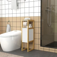 HOMCOM Mobilier de Baie cu Suport pentru Hârtie Igienică, Dulap și Raft, Dulap Compact din Bambus, 20x33x80 cm, Alb(m-8)