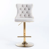 Set of 2 Adjustable Velvet Bar Stools with Backrest, Gold Electroplated Legs, 360° Rotatable, 62-82 cm Height, 45x45 cm Base, Up to 136 kg Load, Beige(m-7)