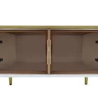 TV-Schrank in Marmoroptik mit LED-Beleuchtung, 4 Schubladen und 2 Türen aus gehärtetem Glas, vergoldete Griffe, Modernes Design für Wohnzimmer, Weiß und Gold(m-5)