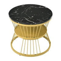 Ensemble de 2 Tables Basses Modernes Gigognes en MDF avec Finition Effet Marbre et Structure Métallique Dorée, 70x70x47 cm + 45x45x40 cm, Noir(m-9)