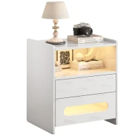 Ensemble de 2 tables de chevet modernes avec éclairage LED, 2 tiroirs et télécommande, en mélamine de haute qualité, pour chambre, Noir + Blanc(m-7)