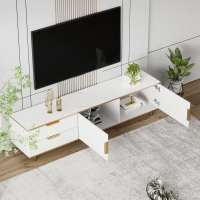TV-meubel met gesneden marmerachtige textuur en vergulde grepen en poten, veel opbergruimte met 2 laden en 2 deuren, kras- en vuilafstotende MDF-afwerking, 175X40X45 cm, wit