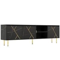Grand Meuble TV Scandinave 200x35x60 cm pour TV jusqu'à 90 pouces avec 3 Portes et Design Moderne, Noir(m-2)