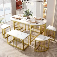 Modern Luxury Rattan 6 Seater Dining Table Set with Six Chairs, MDF Seat Cushions and Gold-Plated Iron Frames, Gold(m-7)