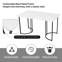 Modern Rectangular Extendable Dining Table with Adjustable Feet, Marble Pattern MDF Top and Metal Frame, 140x80x75 cm, White/Black(m-5)