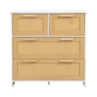 Hochwertiger Rattanschrank mit 4 Schubladen und Massivholzgriffen für Schlafzimmer, Wohnzimmer und Flur, Natürlich+Weiß(m-6)
