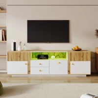 Meuble TV Bas Mobile avec Lumières LED Changeantes, Étagères en Verre et Tiroirs, 180x35x50 cm, Naturel(m-4)