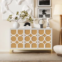 Dreitüriges Sideboard mit Rattantüren, verstellbaren Einlegeböden und vergoldeten Füßen für das Wohnzimmer, Weiß(m-1)